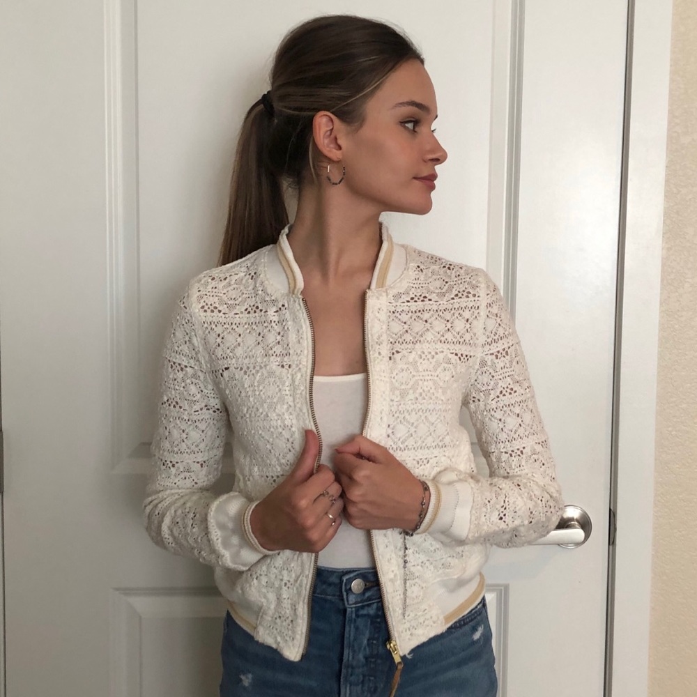 Anthropologie Hei Hei ivory crochet bomber jacket